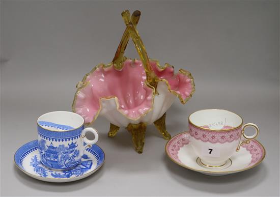 Two Royal Worcester Moustache cups and saucers and a Victorian glass basket basket height 26cm